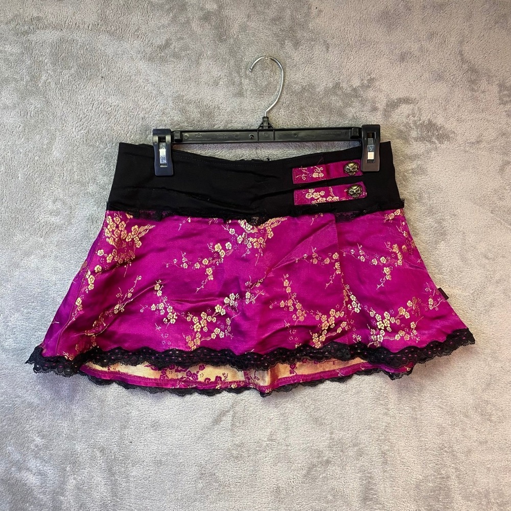 Tripp NYC Pink Gold Floral Brocade Skull Mini Skirt Lace Trim Punk Goth Small